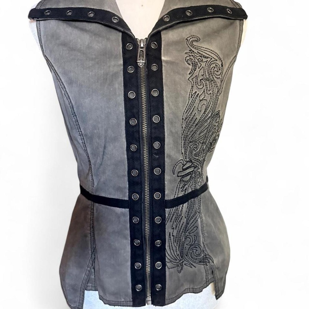 Harley-Davidson Corset Vest | Y2K Lace-Up Biker Vest | Grey & Black